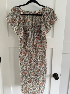 Rebecca Taylor Cream Floral Midi Dress with Tie Neck